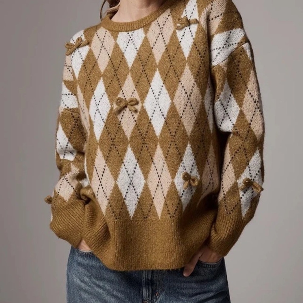 Anthropologie Maeve 3D Bow Argyle Crew Neck Sweater Small Green Brown Oversized